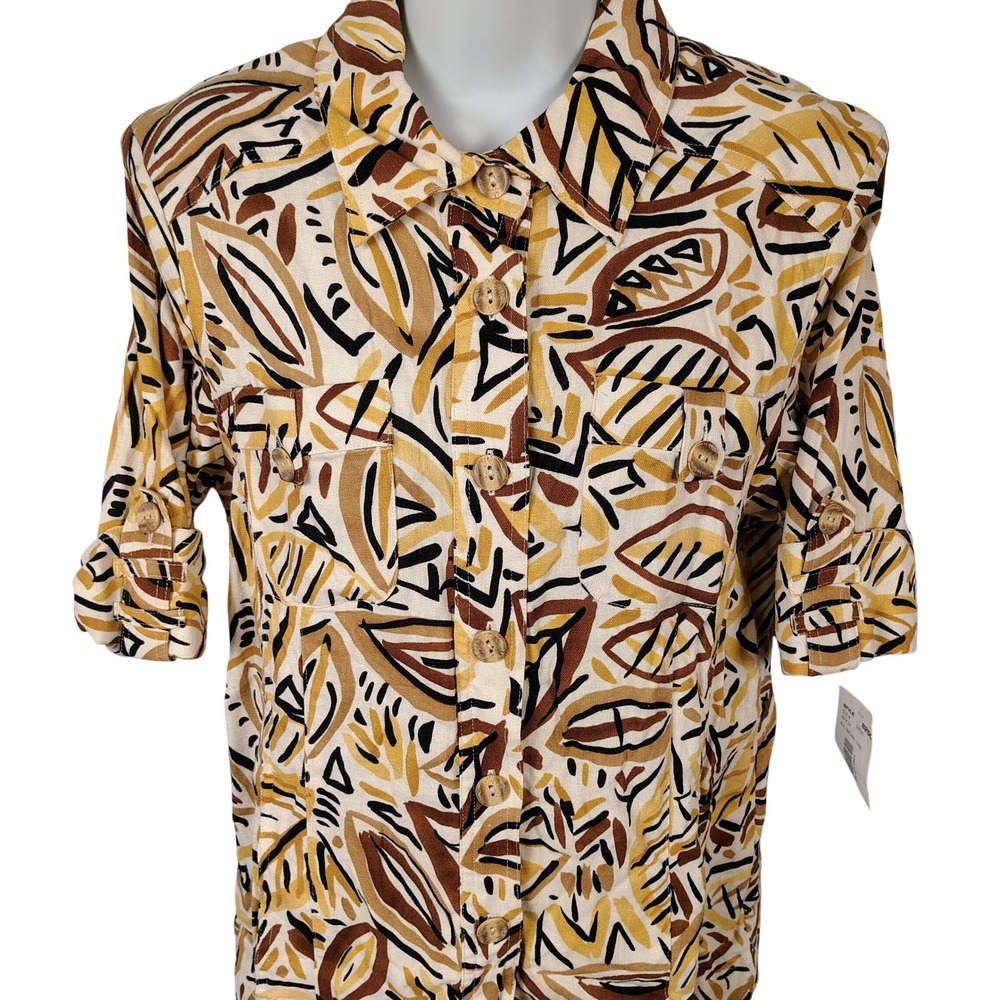 NWT‎ Womens SZ 8 Place Your Bets Abstract Leaf Print Shirt Brown Linen Gorpcore